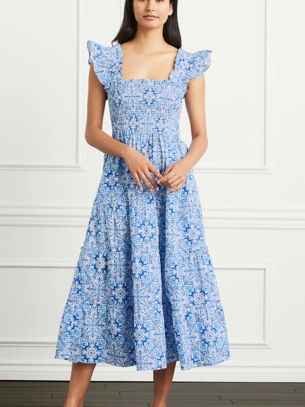 Hill House Home Blue Tile Print Smocked Midi Dress – Size Medium - Picture 4 of 16